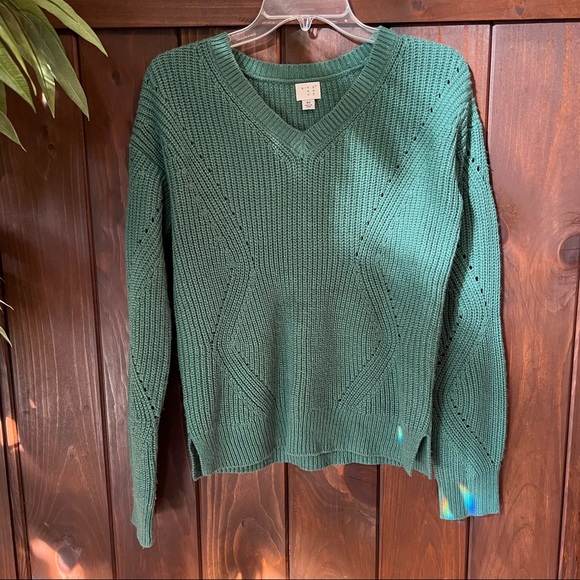 Sage Green Metallic Shimmer Knit V-neck Sweater - Picture 1 of 5